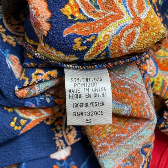 S Entro Top with Navy and Orange Print, Cold Shoulder, Gold Ring at Neck/Back - Picture 8 of 9